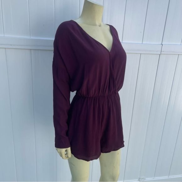 Burgundy Long Sleeve V-neck Romper with Crochet Details Size S - Picture 3 of 12